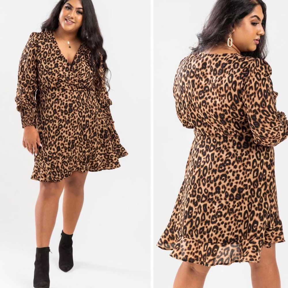 Francesca's‎ Leopard Print Wrap Dress 3X Long Sleeve Ruffle Hem Animal Print